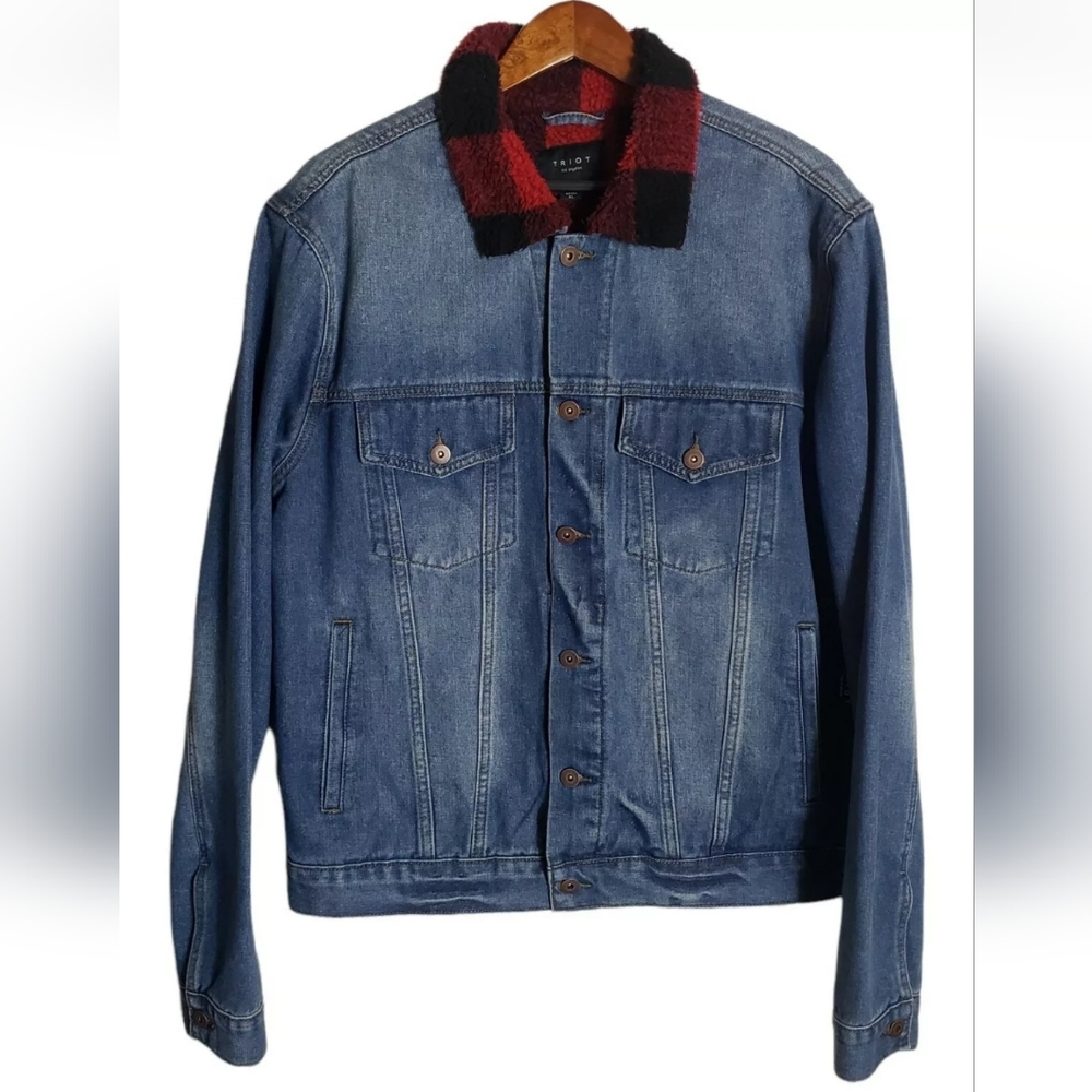 TRIOT Denim Blue Jean Trucker Jacket Size XL Buffalo Plaid Sherpa Collar Cotton